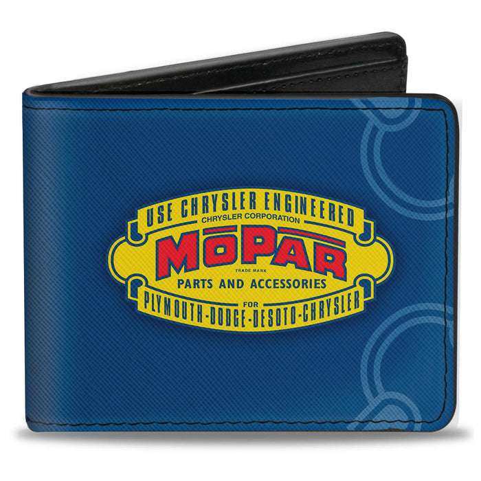 Bi-Fold Wallet - MOPAR 1937-1947 Logo-USE CHRYSLER ENGINEERED MOPAR PARTS AND ACCESSORIES Blue Yellow Red Bi-Fold Wallets Mopar   