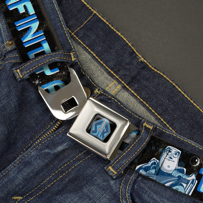 Space Ranger SR Logo Full Color Black/Blue Seatbelt Belt - Buzz Poses/Stars TO INFINITY AND BEYOND Black/Blues Webbing Seatbelt Belts Disney   