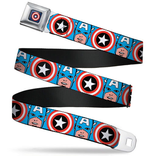 MARVEL COMICS Captain America Shield Full Color Navy Seatbelt Belt - Captain America Face CLOSE-UP w/Shield Repeat Webbing Seatbelt Belts Marvel Comics   