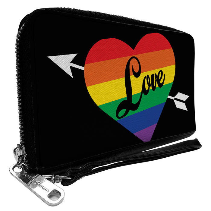Women's PU Zip Around Wallet Rectangle - LOVE Rainbow Stripe Heart Black Multi Color Clutch Zip Around Wallets Buckle-Down   