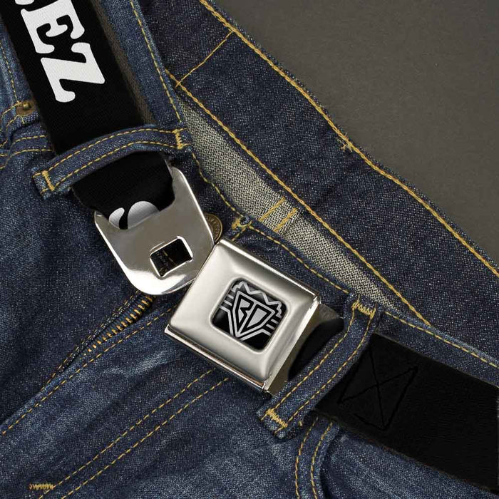 BD Wings Logo CLOSE-UP Full Color Black Silver Seatbelt Belt - STEEZ Black/White Webbing Seatbelt Belts Buckle-Down   