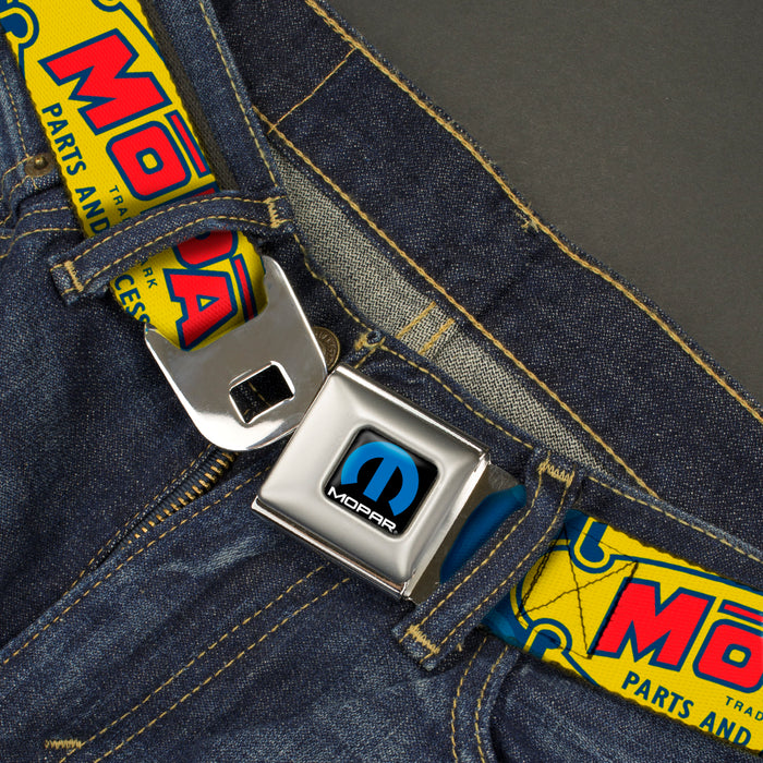 MOPAR Logo Full Color Black/Blue/White Seatbelt Belt - MOPAR 1937-1947 Logo-USE CHRYSLER ENGINEERED MOPAR PARTS AND ACCESSORIES Blue/Yellow/Red Webbing Seatbelt Belts Mopar   