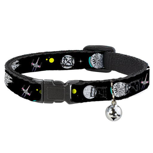 Cat Collar Breakaway with Bell - Star Wars Death Star Millennium Falcon and X-Wing Fighter in Space Black Breakaway Cat Collars Star Wars   
