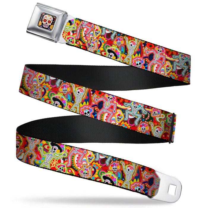 Sugar Skull Starburst Full Color Black/Multi Color Seatbelt Belt - Dancing Catrinas Collage Multi Color Webbing Seatbelt Belts Thaneeya McArdle   