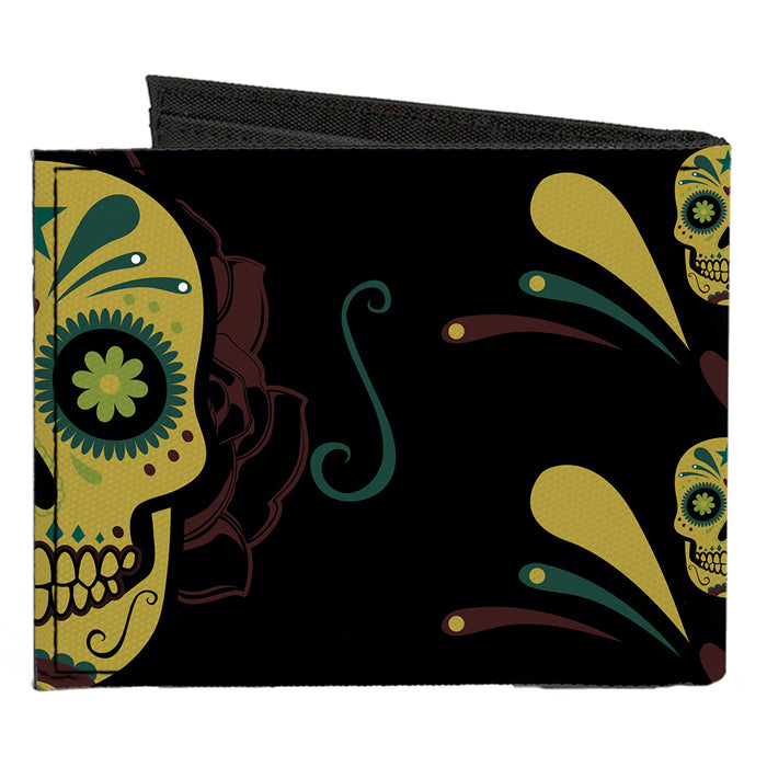 Canvas Bi-Fold Wallet - Sugar Skulls Black Olive Burgundy Canvas Bi-Fold Wallets Buckle-Down   