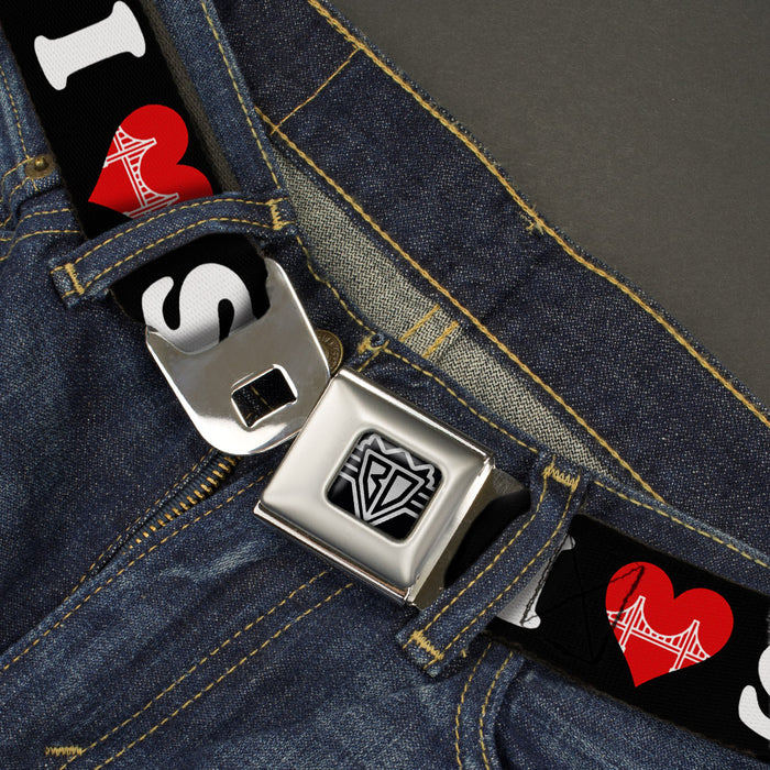 BD Wings Logo CLOSE-UP Full Color Black Silver Seatbelt Belt - I "HEART BRIDGE" SF Black/White/Red Webbing Seatbelt Belts Buckle-Down   