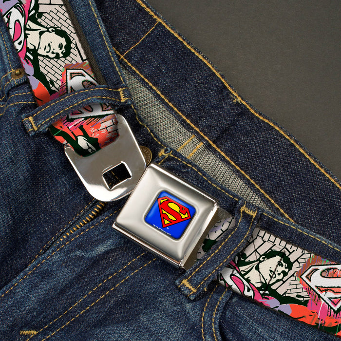 Superman Full Color Blue Seatbelt Belt - Superman Color Flying Bricks Scene Webbing Seatbelt Belts DC Comics   