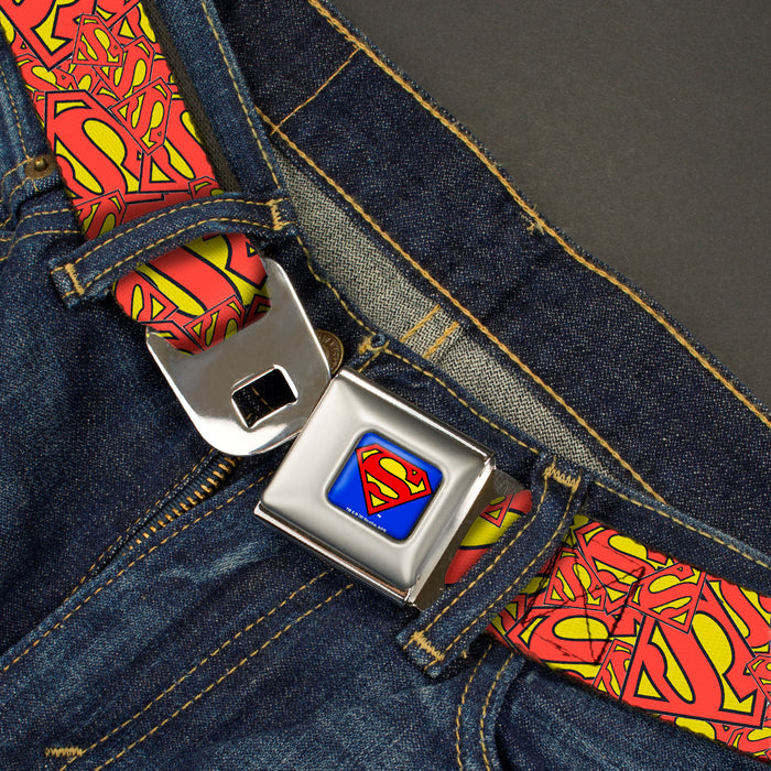 Superman Full Color Blue Seatbelt Belt - Super Shield Stacked Yellow/Red Webbing Seatbelt Belts DC Comics   
