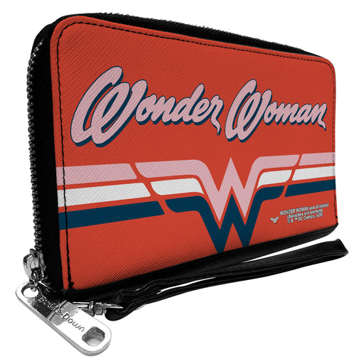 Women's PU Zip Around Wallet Rectangle - WONDER WOMAN Script Logo Striping Red Navy Pink White Clutch Zip Around Wallets DC Comics   