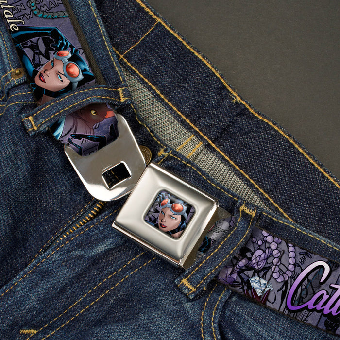Catwoman Face Full Color Purple Seatbelt Belt - CATWOMAN-NINE LIVES OF A FELINE FATALE Pose2/Jewelry/Black Cat Purples Webbing Seatbelt Belts DC Comics   