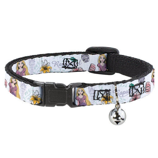 Cat Collar Breakaway with Bell - Rapunzel Castle and Pascual Pose with Script and Flowers White Purples Breakaway Cat Collars Disney   