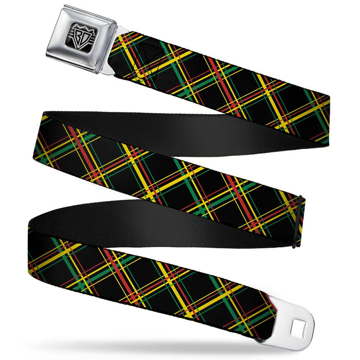 BD Wings Logo CLOSE-UP Full Color Black Silver Seatbelt Belt - Plaid X Rasta Webbing Seatbelt Belts Buckle-Down   