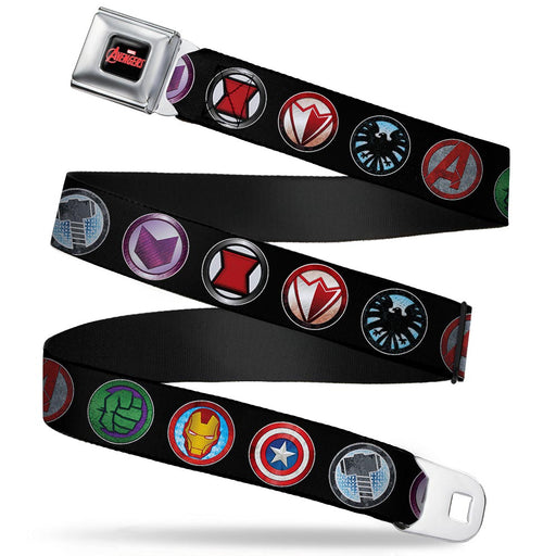 MARVEL AVENGERS MARVEL AVENGERS Logo Full Color Black Red White Seatbelt Belt - 9-Avenger Icons Black/Multi Color Webbing Seatbelt Belts Marvel Comics   