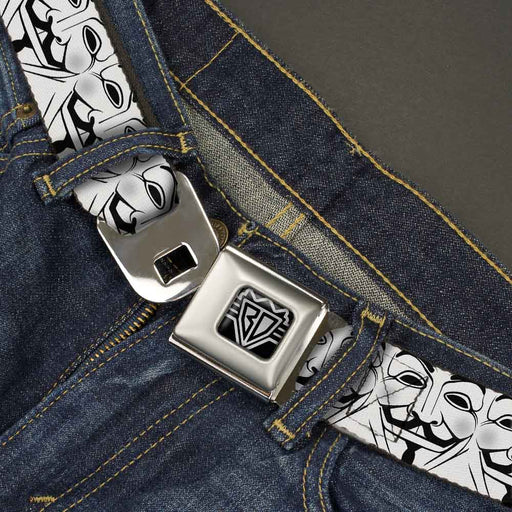 BD Wings Logo CLOSE-UP Full Color Black Silver Seatbelt Belt - Anonymous Face CLOSE-UP Repeat White/Black/Gray Webbing Seatbelt Belts Buckle-Down   