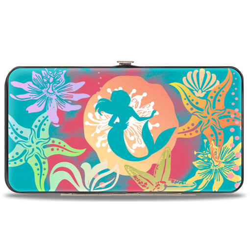 Hinged Wallet - Ariel Pose Silhouette Shells & Sea Flowers Collage Aqua Blue Multi Color Hinged Wallets Disney   
