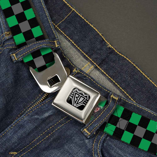 BD Wings Logo CLOSE-UP Full Color Black Silver Seatbelt Belt - Checker Black/Gray/2 Green Webbing Seatbelt Belts Buckle-Down   