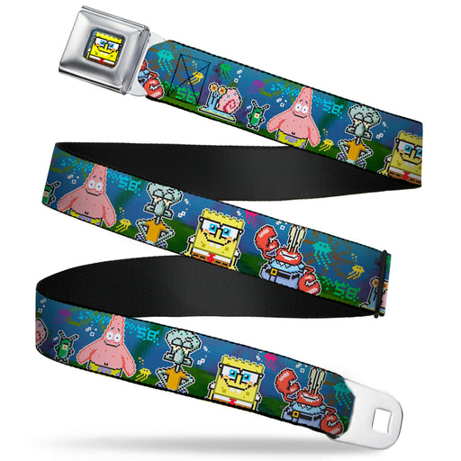 Pixelated SpongeBob Nerd Pose Full Color Blue Seatbelt Belt - SpongeBob & Friends 8-Bit Scene Webbing Seatbelt Belts Nickelodeon   