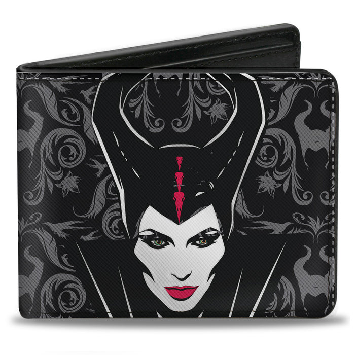 Bi-Fold Wallet - Maleficent Face + Sword Damask Black Gray White Bi-Fold Wallets Disney   
