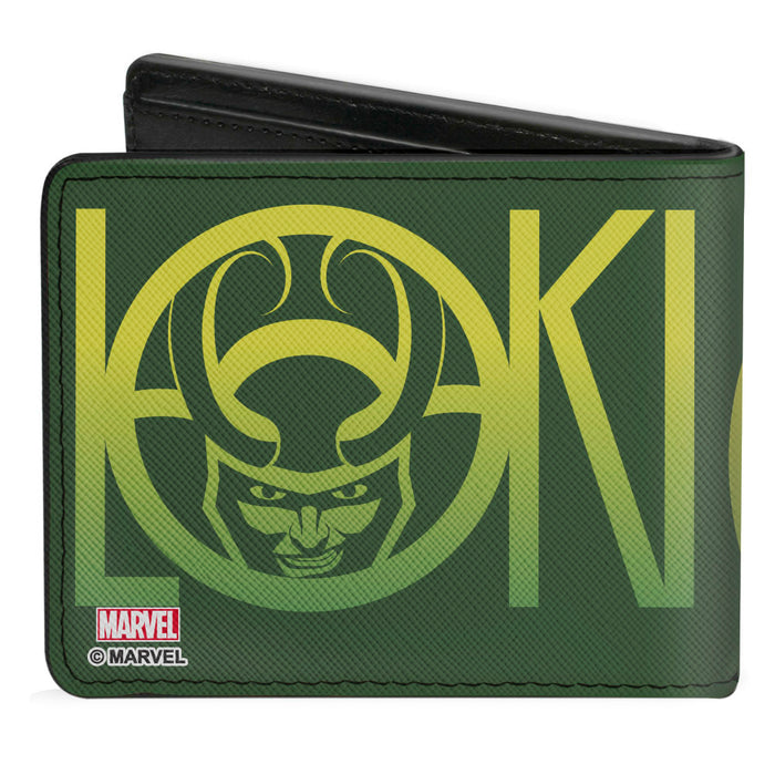 MARVEL AVENGERS Bi-Fold Wallet - Loki Face CLOSE-UP + Text Logo Greens Yellow Bi-Fold Wallets Marvel Comics   