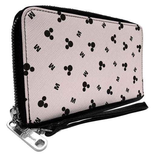 Women's PU Zip Around Wallet Rectangle - Mickey Mouse Ears and M Logo Scattered White Black Clutch Zip Around Wallets Disney   