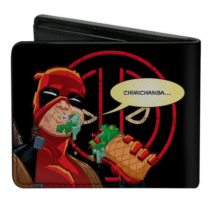 MARVEL DEADPOOL Bi-Fold Wallet - DEADPOOL'S CHIMICHANGAS Logo + Deadpool Eating Pose Black Red Yellow Bi-Fold Wallets Marvel Comics   