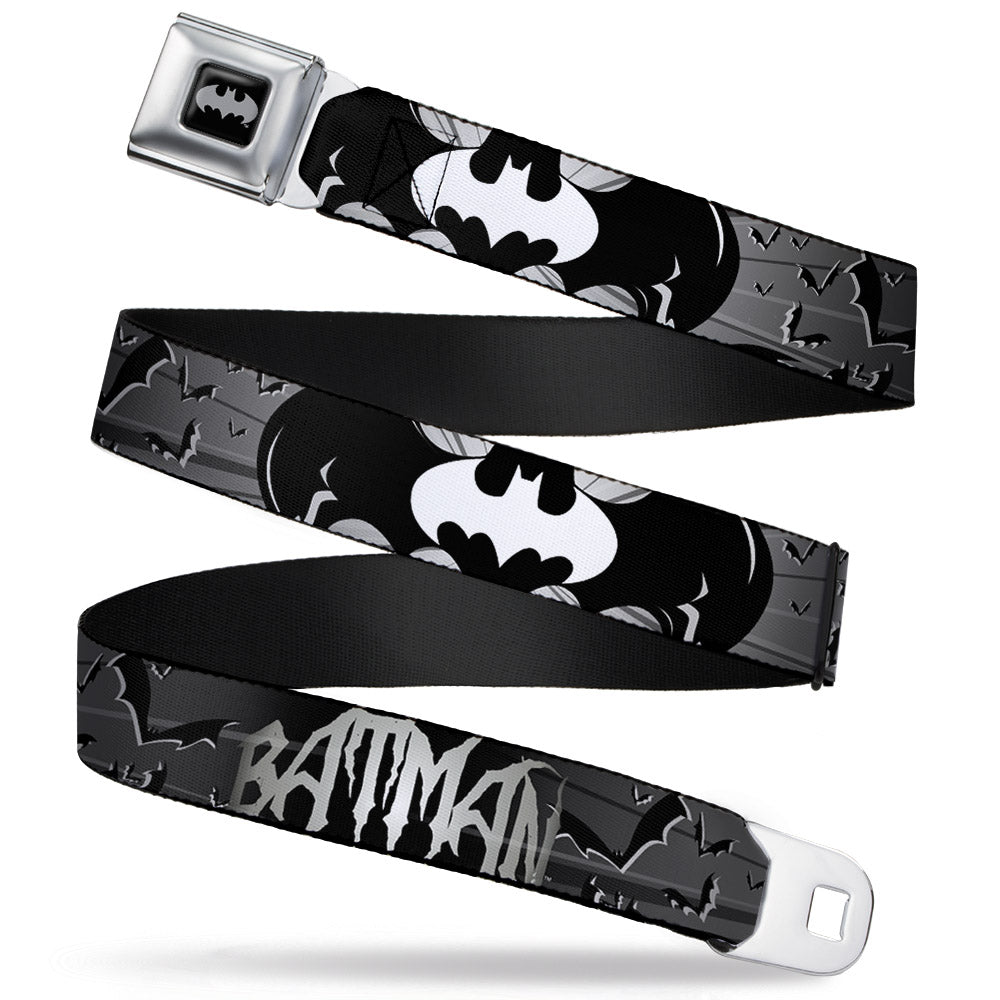 Batman Black Silver Seatbelt Belt - BATMAN w/Bat Signals & Flying Bats Black/White Webbing Seatbelt Belts DC Comics   