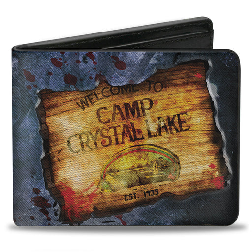 Bi-Fold Wallet - Friday the 13th WELCOME TO CAMP CRYSTAL LAKE Sign Trees Grays Blood Splatter Bi-Fold Wallets Warner Bros. Horror Movies   