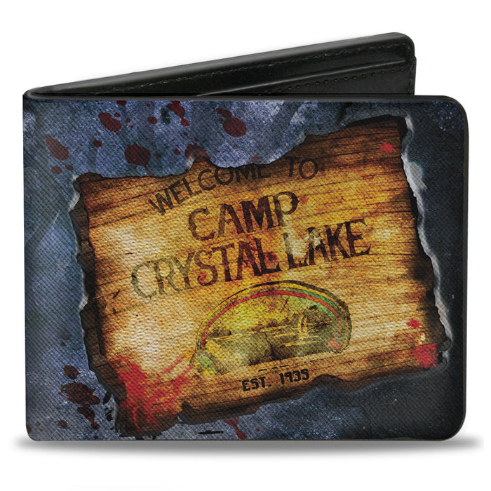 Bi-Fold Wallet - Friday the 13th WELCOME TO CAMP CRYSTAL LAKE Sign Trees Grays Blood Splatter Bi-Fold Wallets Warner Bros. Horror Movies   