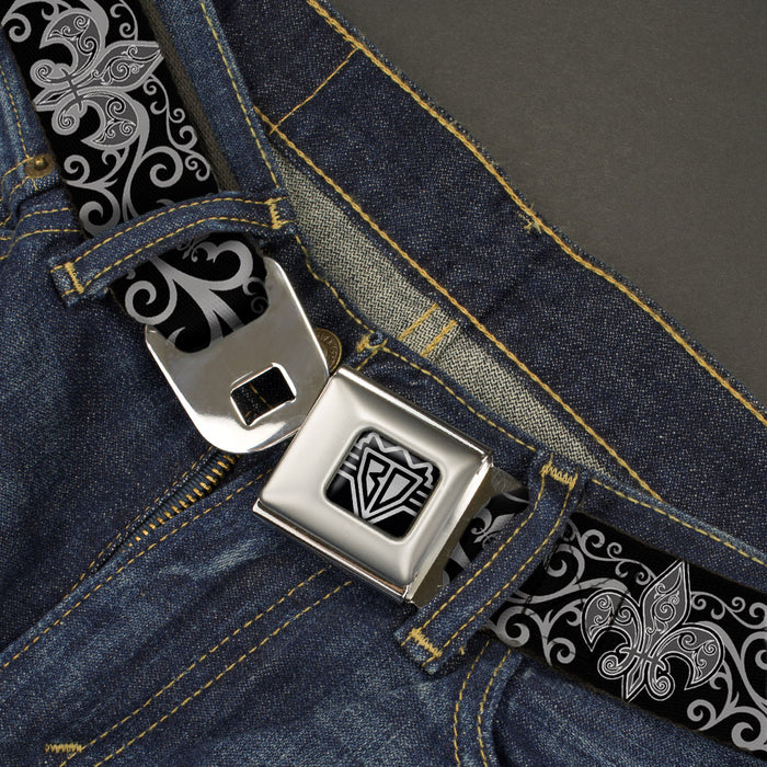 BD Wings Logo CLOSE-UP Full Color Black Silver Seatbelt Belt - Fleur-de-Lis w/Filigree Black/Gray Webbing Seatbelt Belts Buckle-Down   