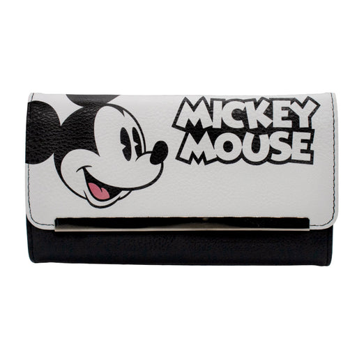 Women's Envelope Fold Over Wallet PU - Mickey Mouse Smiling Expression and Text White Black Clutch Snap Closure Wallets Disney   