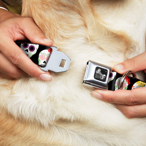 Dog Bone Seatbelt Buckle Collar - Staggered Sugar Skulls Black/Multi Color Seatbelt Buckle Collars Buckle-Down   