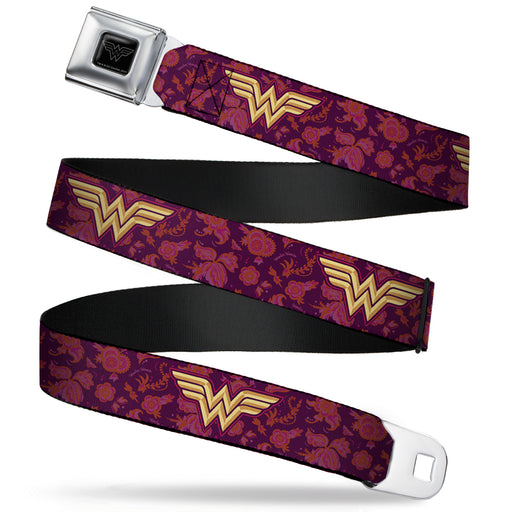 Wonder Woman Black Silver Seatbelt Belt - Wonder Woman Logo/Floral Collage Purple/Pinks/Gold Webbing Seatbelt Belts DC Comics   