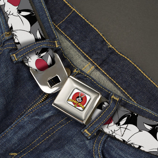 Looney Tunes Logo Full Color White Seatbelt Belt - Sylvester the Cat Expressions Gray Webbing Seatbelt Belts Looney Tunes   