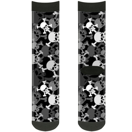 Sock Pair - Polyester - Top Skulls Stacked Black Gray White - CREW Socks Buckle-Down   