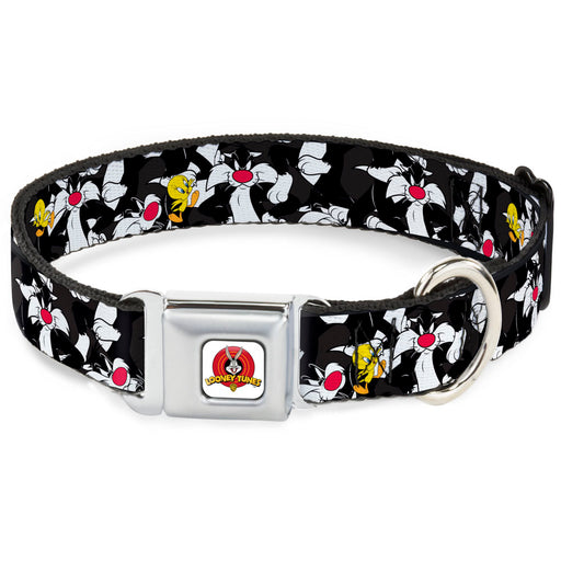 Looney Tunes Logo White Seatbelt Buckle Collar - Sylvester and Tweety Poses Scattered Charcoal Seatbelt Buckle Collars Looney Tunes   