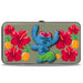 Hinged Wallet - Stitch Hula Pose Front + Back Hibiscus Flowers Pineapples Gray Hinged Wallets Disney   