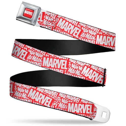 MARVEL Full Color Red/White Seatbelt Belt - MARVEL Red Brick Logo Stacked Red/White Webbing Seatbelt Belts Marvel Comics   