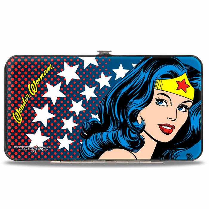 Hinged Wallet - WONDER WOMAN Stars Face Halftone Blues Red Yellow White Hinged Wallets DC Comics   
