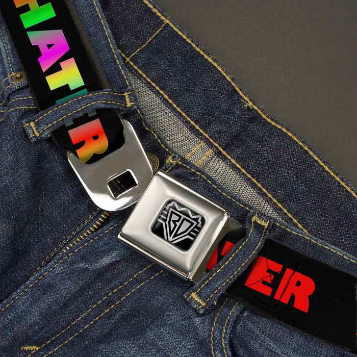 BD Wings Logo CLOSE-UP Full Color Black Silver Seatbelt Belt - HATER Black/Red/Rainbow Fade Webbing Seatbelt Belts Buckle-Down   
