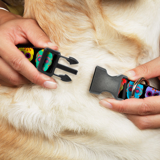 Plastic Clip Collar - Painted Sugar Skulls Black/Multi Color Plastic Clip Collars Buckle-Down   