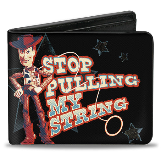 Bi-Fold Wallet - Toy Story Woody STOP PULLING MY STRING Pose + BEST IN THE WEST Black Blues Red Bi-Fold Wallets Disney   