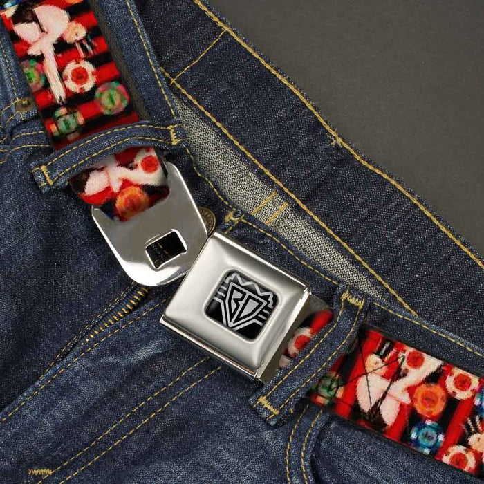 BD Wings Logo CLOSE-UP Full Color Black Silver Seatbelt Belt - Top Hat Pin Up Girl/Poker Chips Vertical Stripes Red/Black Webbing Seatbelt Belts Buckle-Down   