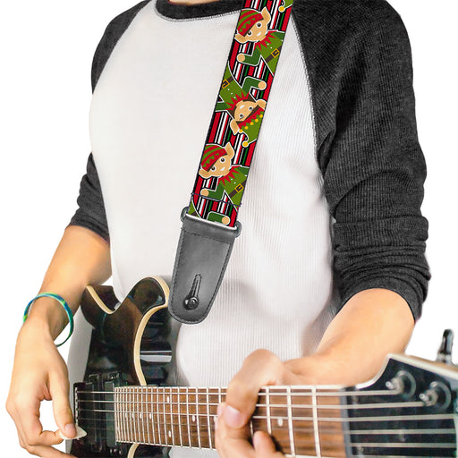 Guitar Strap - Christmas Elves Stipres Black Red White Green Guitar Straps Buckle-Down   