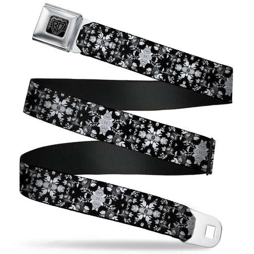 BD Wings Logo CLOSE-UP Full Color Black Silver Seatbelt Belt - Floral Collage Black/Gray/White Webbing Seatbelt Belts Buckle-Down   