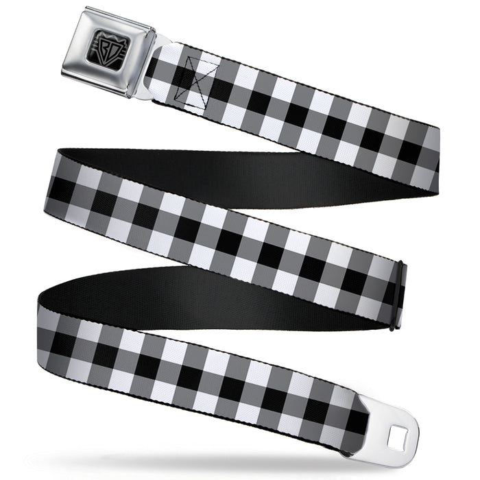 BD Wings Logo CLOSE-UP Full Color Black Silver Seatbelt Belt - Buffalo Plaid Black/White Webbing Seatbelt Belts Buckle-Down   