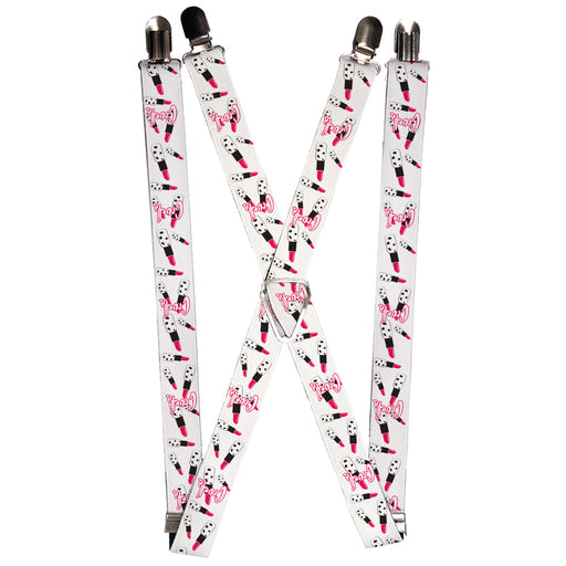 Suspenders - 1.0" - CRUELLA Lipstick Icon Scattered White Black Pink Suspenders Disney   