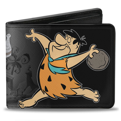 Bi-Fold Wallet - Fred Bowling Pose + BEDROCK BOWL Bowling Pins Black Grays Bi-Fold Wallets The Flintstones   