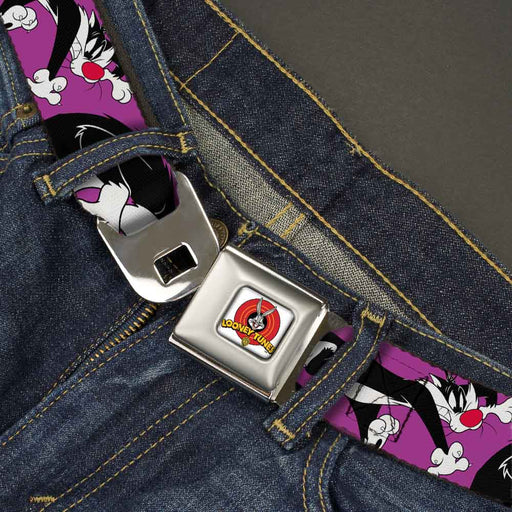 Looney Tunes Logo Full Color White Seatbelt Belt - Sylvester the Cat Poses Purple Webbing Seatbelt Belts Looney Tunes   