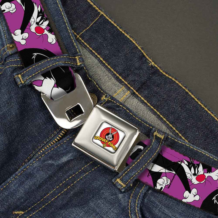Looney Tunes Logo Full Color White Seatbelt Belt - Sylvester the Cat Poses Purple Webbing Seatbelt Belts Looney Tunes   