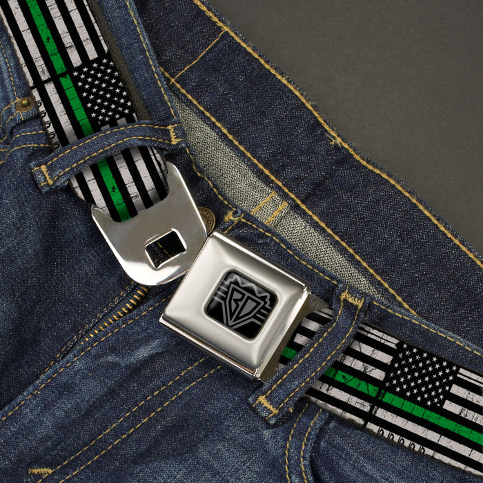 BD Wings Logo CLOSE-UP Black/Silver Seatbelt Belt - Thin Green Line Flag Weathered Black/Gray/Green Webbing Seatbelt Belts Buckle-Down   